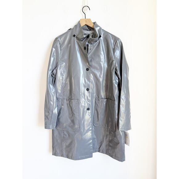 Jane Post Detachable-Hood Funnel-Collar Slicker Rain Coat Gray Medium - Picture 1 of 6
